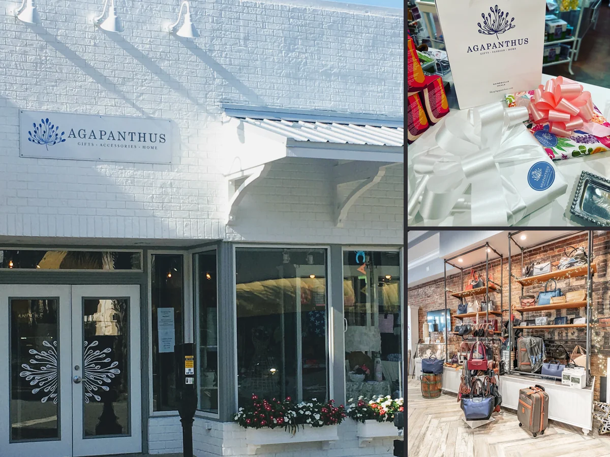 Gift boxes, handbags, and jewelry in a bright store.