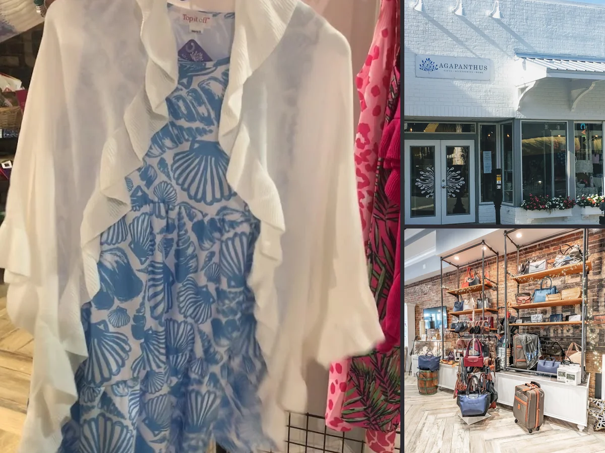 Gift boxes, handbags, and jewelry in a bright store.