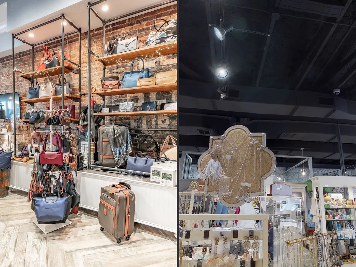 Boutique shelves with gifts, jewelry, and accessories.